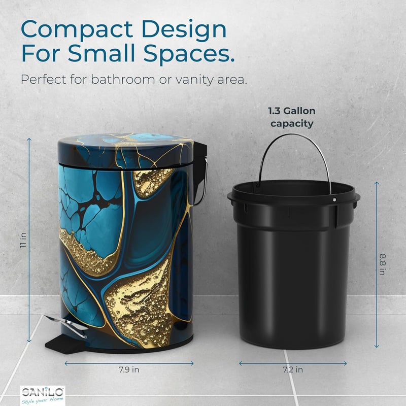 Sanilo Small Bathroom Trash Can with Lid [1.3 Gallon] - Lidded Tiny Trashcan for Garbage - Mini Metal Bin with Soft Closing Mechanism - Bath Room Accessoire Wastebin with Inner Bucket (Marble Cobalt) - Image 5